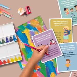 Tarjetas didácticas de resolución de conflictos para el desarrollo de habilidades sociales infantiles, herramienta de justicia restaurativa para consejeros escolares, tarjetas de aprendizaje socioemocional (SEL) para maestros de escuela. imagen 6