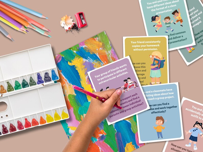 Tarjetas didácticas de resolución de conflictos para el desarrollo de habilidades sociales infantiles, herramienta de justicia restaurativa para consejeros escolares, tarjetas de aprendizaje socioemocional (SEL) para maestros de escuela. imagen 6