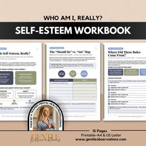 May include: A 15-page self-esteem workbook titled Who Am I, Really? featuring three printed pages with text, charts, and exercises. The pages include sections on self-evaluation, the Should Be vs. Am map, and tracing rules, available in US Letter size.