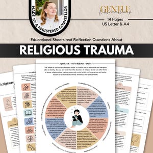 Może przedstawiać: 14-stronicowy zestaw edukacyjny zatytułowany Religious Trauma, zawierający centralny diagram Wheel of Spiritual and Religious Abuse. Strony zawierają pytania do refleksji, tekst i ikony, sformatowane dla rozmiarów US Letter i A4.
