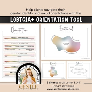 Könnte beinhalten: Ein Set aus fünf Informationsblättern mit dem Titel LGBTQIA+ Orientation Tool, die Diagramme zu Geschlechtsausdruck, romantischer und sexueller Orientierung sowie emotionale Anziehungskarten enthalten. Die Dokumente zeigen Textbeschriftungen und Farbverläufe sowie ein kreisförmiges Abzeichen mit der Aufschrift Made by a Registered Counsellor für US Letter- und A4-Formate.