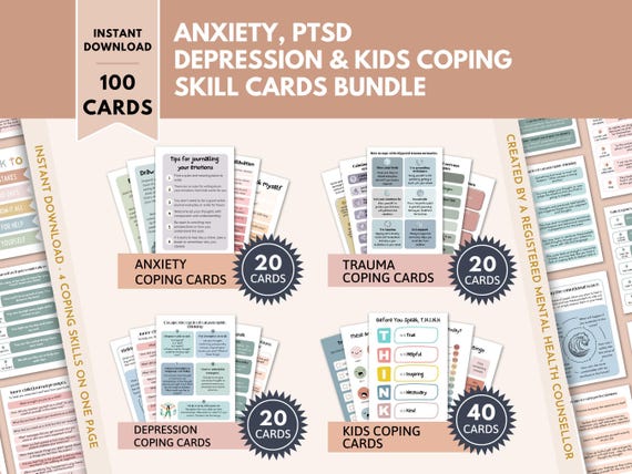 Anxiety, Depression, PTSD/Trauma and Kids Coping Skills Cards Bundle, DBT Skills, CBT Techniques, Breathing Scripts, Cognitive Distortions