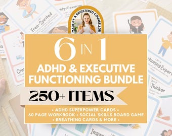 ADHD Executive Functioning Worksheet Bundle for Kids, ADHD Planner, ADHD Counseling, Emotional Regulation Coping Skill Cards, Social Skills