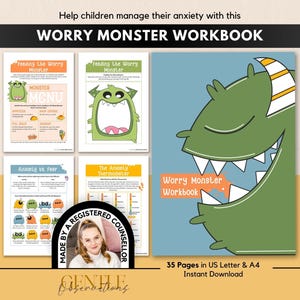 Może przedstawiać: 35-stronicowy zeszyt ćwiczeń Worry Monster z ilustracją zielonego potwora na okładce. Zeszyt zawiera strony zatytułowane Feeding the Worry Monster, Monster Menu, Anxiety vs Fear oraz The Anxiety Thermometer, w formacie A4.