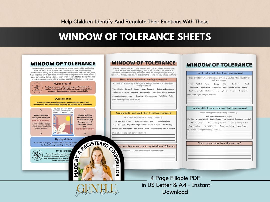 Window of Tolerance Worksheets and Emotional Regulation Coping Skill ...