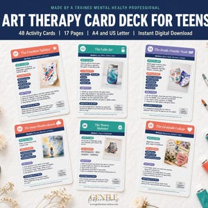 May include: A set of six rectangular art therapy activity cards for teens, each featuring a title, list of materials, instructions, and reflection questions. The cards are titled The Emotion Splatter, The Calm Jar, The Inside-Outside Mask, The Inner Weather Report, The Worry Monster, and The Gratitude Collage. Each card includes a small illustrative photograph of the completed activity.