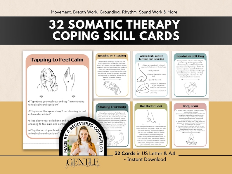The image is a promotional poster for a 32 somatic therapy coping skill cards package. It features a collage of images depicting various techniques and exercises, along with text providing instructions for each activity. The text is written in a clear, simple, and straightforward style, and the layout is organized with each section clearly labeled. The overall design is clean and professional, with a focus on providing clear and concise information about the coping skill cards.