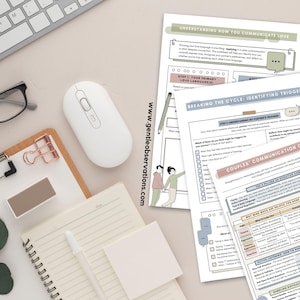 May include: A workspace scene featuring worksheets, a keyboard, mouse, glasses, and a notepad. The worksheets are titled "Understanding How You Communicate Love" and "Couples' Communication Cheat Sheet". The website address is visible.