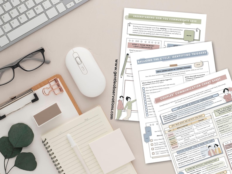 May include: A workspace scene featuring worksheets, a keyboard, mouse, glasses, and a notepad. The worksheets are titled "Understanding How You Communicate Love" and "Couples' Communication Cheat Sheet". The website address is visible.