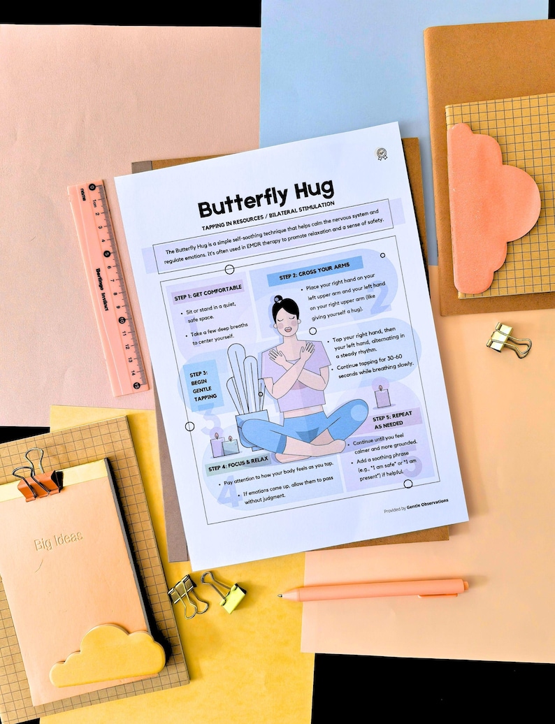May include: A printed guide titled "Butterfly Hug" with instructions for a self-soothing technique. The guide is on a white sheet with illustrations and text, surrounded by stationery items like a ruler, notepads, and paper clips.
