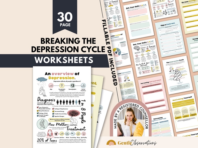 May include: A set of 30 printable worksheets designed to help break the cycle of depression. The worksheets are in a light blue, pink, and yellow color scheme and feature illustrations of people and clouds. The text "Breaking the Depression Cycle Worksheets" is in a bold black font. The text "Fillable PDF Included" is in a black font and is rotated 90 degrees.