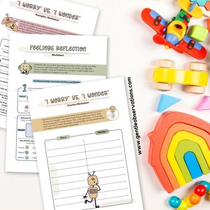 May include: A collection of children's educational worksheets titled "I Worry vs. I Wonder" with robot illustrations, alongside colorful wooden toys including a rainbow stacker, airplane, and car. The website address www.gentleobservations.com is visible.