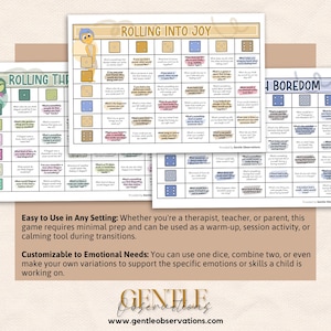 May include: Three printable game sheets with the titles "Rolling the", "Rolling into Joy", and "Boredom". Each sheet features a grid of questions and dice graphics. The text at the bottom says "Easy to Use in Any Setting" and "Customizable to Emotional Needs".