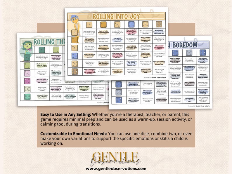 May include: Three printable game sheets with the titles "Rolling the", "Rolling into Joy", and "Boredom". Each sheet features a grid of questions and dice graphics. The text at the bottom says "Easy to Use in Any Setting" and "Customizable to Emotional Needs".