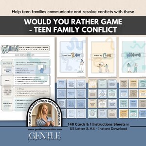 May include: A Would You Rather game for teen family conflict featuring an instruction sheet, three card deck covers, and 148 individual cards in blue, beige, and green tones. The text includes Would You Rather Game - Teen Family Conflict.