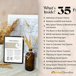 May include: A digital tablet displaying a 35-page workbook titled "Purpose of the Workbook" with a list of topics related to Spoon Theory, including "Definition of Spoon Theory", "Relation to ADHD and Autism", "Why Spoon Theory is Beneficial for ADHD and Autism", "The Boom or Bust Burnout Cycle", "ADHD and Autism Burnout Cycle", "Burnout Warning Signs", "Tracking Your Spoons", "How to Calculate Your Spoons", "Daily Trackers", "The Priority Matrix Trackers", "Planning for Spoon Shortage", "Identifying Spoon Savers", "Building Resilience with Spoon Theory", "Using Spoon Theory for Communication", and "Review and Reflection".
