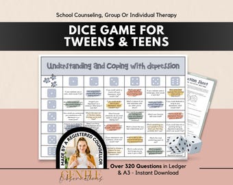 School Counseling Dice Game for Teens & Tweens Group Therapy, Coping Skill Exploration Therapy Questions for Anxiety, Depression and More