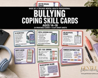 Bullying Coping Skill Cards for Teens Ages 14-18, 24 Printable Cards, Cyberbullying and Boundaries, School Counselor Therapy Tool PDF