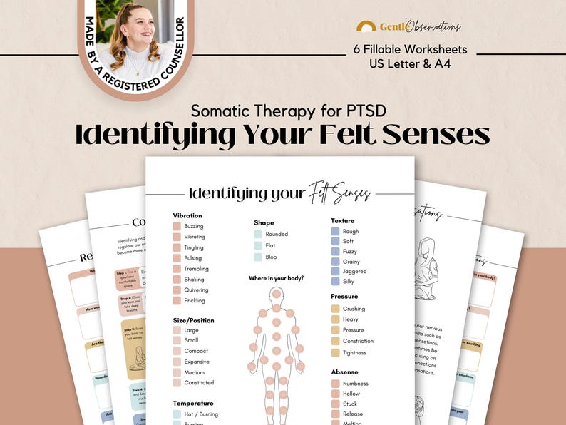 Identificare i tuoi sensi percepiti Esercizio somatico per la consapevolezza sensoriale del disturbo da stress post-traumatico, elaborazione sensoriale e linguaggio, fogli di lavoro sulla terapia somatica per il disturbo da stress post-traumatico immagine 1
