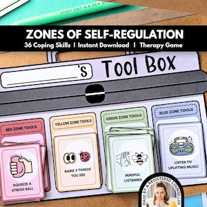 May include: A Zones of Self-Regulation therapy game featuring a tool box illustration with four colour-coded sections: red, yellow, green, and blue. Each section contains cards with coping skills, such as squeezing a stress ball or listening to music.
