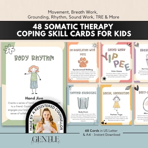 以下が含まれることがあります： Body Rhythm、Sound Work、Breath Workなどのタイトルが記載された、子供向けの48枚の身体療法コーピングスキルカードセット。カードにはイラスト、説明文、および「Made by a Registered Counsellor」と書かれた円形のバッジが含まれています。