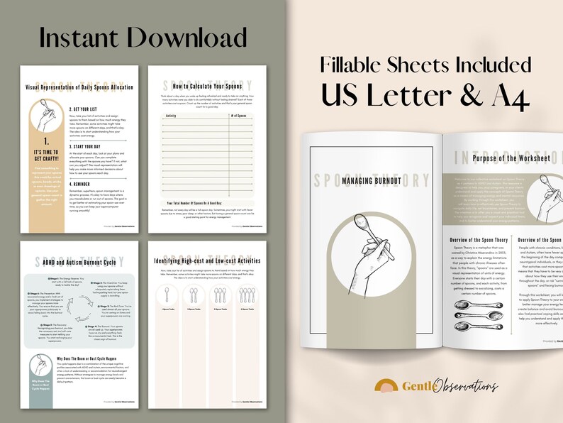 May include: Printable worksheets for managing energy levels using the Spoon Theory. The worksheets include a visual representation of daily spoons allocation, how to calculate your spoons, ADHD and autism burnout cycle, identifying high-cost and low-cost activities, and a description of the Spoon Theory. The worksheets are in US Letter and A4 sizes.
