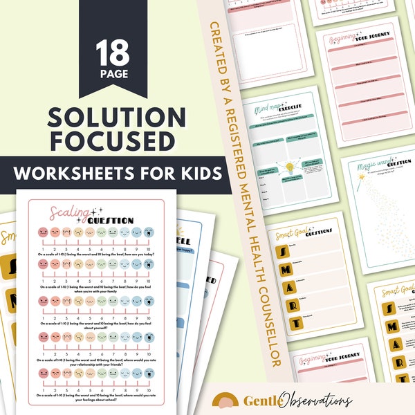 SFBT Worksheets Bundle for Kids, Solution Focused Therapy Worksheets, Kids Coping Skills Psychology Tool, Goal Setting, Growth Mindset, SEL