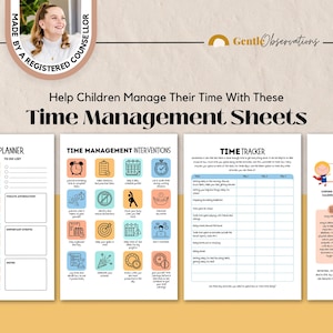 Peut inclure: Un ensemble de quatre feuilles de gestion du temps imprimables pour enfants, comprenant un planificateur quotidien, des icônes d'intervention, un suivi du temps et des conseils éducatifs. Texte noir, boîtes pastel et icônes sur papier blanc.