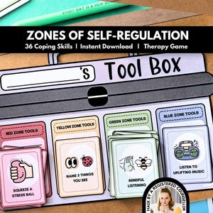 Może przedstawiać: Gra terapeutyczna zatytułowana "Strefy Samoregulacji" z projektem skrzynki narzędziowej. Skrzynka narzędziowa ma sekcje dla narzędzi strefy czerwonej, żółtej, zielonej i niebieskiej, każda z kartami umiejętności radzenia sobie. Karty zawierają ilustracje i tekst.