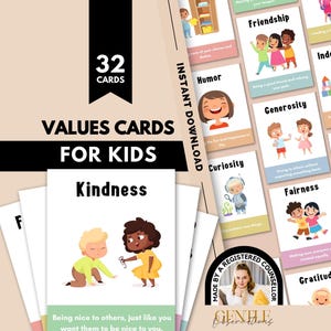 May include: A set of 32 values cards for kids featuring colorful illustrations of children and descriptive text for each concept. The cards include titles like Kindness, Friendship, Independence, Humor, Generosity, Forgiveness, Curiosity, Fairness, and Gratitude.