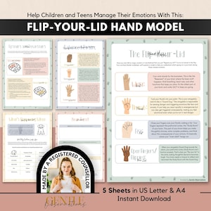 Modelo de mano Flip Your Lid para la regulación emocional, folleto de psicoeducación en neurociencia, sustancias químicas cerebrales, autoconciencia y habilidades de afrontamiento.