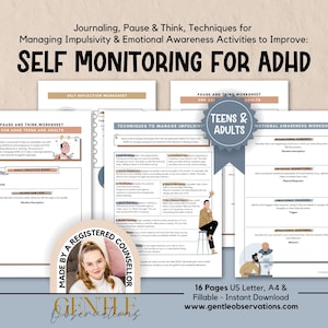 Può includere: Una raccolta di fogli di lavoro stampabili intitolati Self Monitoring for ADHD, che includono sezioni per il diario, tecniche di pausa e riflessione e consapevolezza emotiva. Le pagine contengono testo, illustrazioni di persone e un badge circolare con la scritta Made by a Registered Counselor.