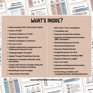 May include: A pink and white printable guide with the title "What's Inside?" and a list of resources for understanding and managing obsessive-compulsive disorder (OCD).