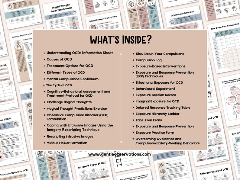 May include: A pink and white printable guide with the title "What's Inside?" and a list of resources for understanding and managing obsessive-compulsive disorder (OCD).