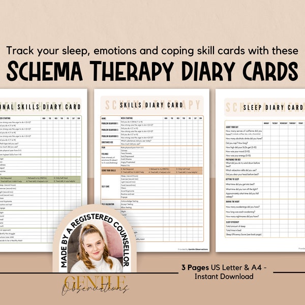 Schema Therapy Skills Diary Cards for Tracking Mental Health, Coping Skills, and Sleep Hygiene - Schema Therapy Counseling Skills Tools