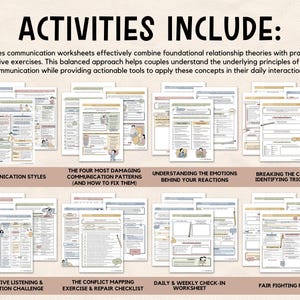 May include: A set of couples' communication worksheets, including titles such as "Communication Styles" and "Fair Fighting Rules." These worksheets blend relationship theories with interactive exercises. The website www.gentleobservations.com is visible.