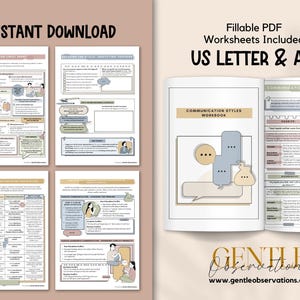 May include: A set of printable worksheets and a workbook. The worksheets include the text "Validation Cheat Sheet" and "Relating This Cycle: Identifying Triggers". The workbook is titled "Communication Styles Workbook". The text "US LETTER & A4" is also visible.