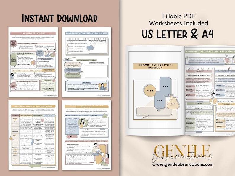 May include: A set of printable worksheets and a workbook. The worksheets include the text "Validation Cheat Sheet" and "Relating This Cycle: Identifying Triggers". The workbook is titled "Communication Styles Workbook". The text "US LETTER & A4" is also visible.
