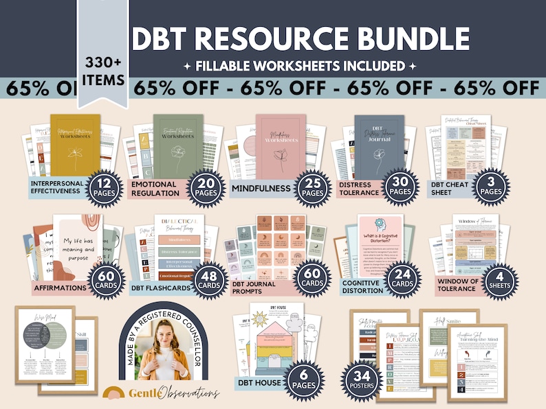 May include: A digital resource bundle for Dialectical Behavior Therapy (DBT) with over 330 items, including worksheets, flashcards, journal prompts, and posters. The bundle is 65% off and features a variety of topics such as mindfulness, emotional regulation, and distress tolerance.