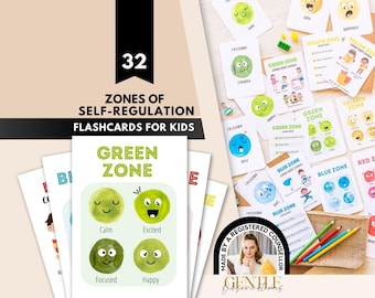 May include: A set of 32 Zones of Self-Regulation flashcards for kids featuring colorful illustrations of emotions categorized by color zones. The cards display various facial expressions and text labels like Green Zone, Blue Zone, and Red Zone to help children identify and manage their feelings.