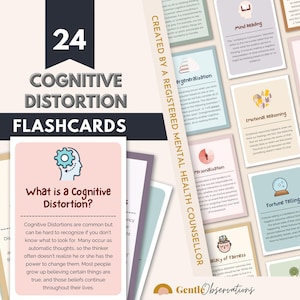 認知の歪みフラッシュカード、CBT、セラピーツール、対処スキルカード、心理学オフィス、DBTカード、役に立たない思考パターン、不安