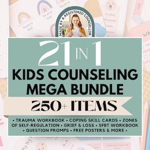 Kids Counseling (50% OFF) Therapy Bundle for School Counselors, Trauma Worksheets for Kids Grief Workbook, Kids Coping Skill Cards Bundle