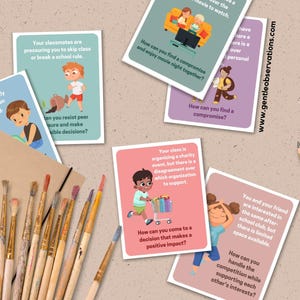 Tarjetas didácticas de resolución de conflictos para el desarrollo de habilidades sociales infantiles, herramienta de justicia restaurativa para consejeros escolares, tarjetas de aprendizaje socioemocional (SEL) para maestros de escuela. imagen 4