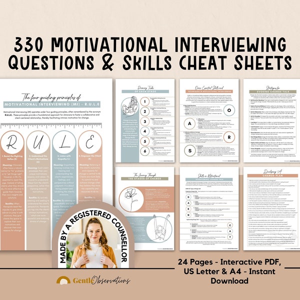 Motivational Interviewing Questions & Theory Cheat Sheets, Stages of Change, Therapy Office Forms, Solution Focused Approach, Addictions