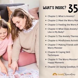 Puede incluir: Una madre y su hija est&aacute;n mirando juntas un libro colorido. El libro tiene el t&iacute;tulo "What's Inside? 35 Pages" y enumera los cap&iacute;tulos del libro, que incluyen "What is Anxiety?", "Meet the Worry Monster", "Feeding the Worry Monster", "What Does Anxiety Feel Like in My Body?", "The Anxiety Thermometer", "Mindfulness Activities", "Making Friends with the Worry Monster", "Coping Skill Techniques", "The Worry Monster's Happy Moments" y "Saying Goodbye, For Now".