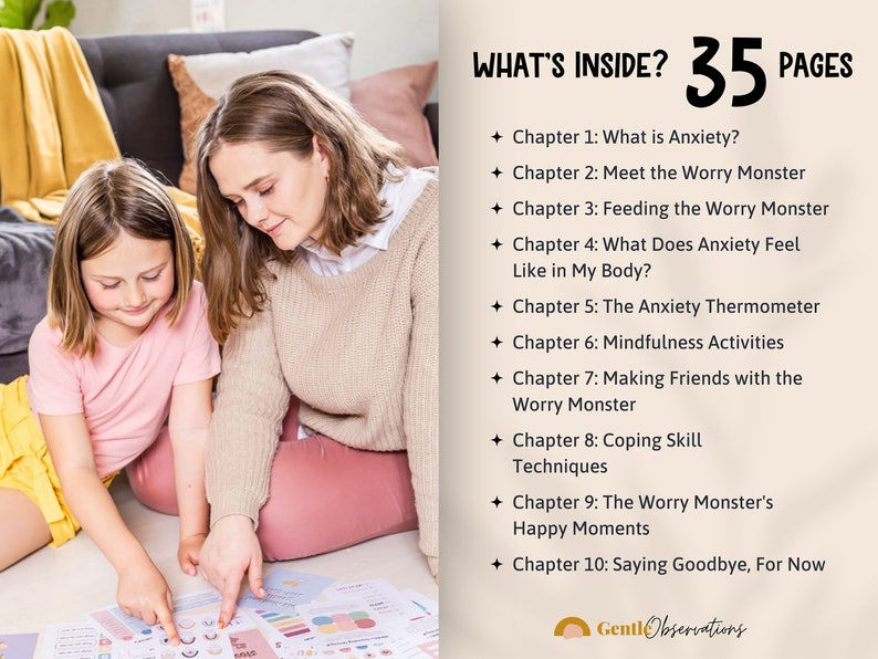 Puede incluir: Una madre y su hija est&aacute;n mirando juntas un libro colorido. El libro tiene el t&iacute;tulo "What's Inside? 35 Pages" y enumera los cap&iacute;tulos del libro, que incluyen "What is Anxiety?", "Meet the Worry Monster", "Feeding the Worry Monster", "What Does Anxiety Feel Like in My Body?", "The Anxiety Thermometer", "Mindfulness Activities", "Making Friends with the Worry Monster", "Coping Skill Techniques", "The Worry Monster's Happy Moments" y "Saying Goodbye, For Now".
