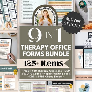 May include: A 9-in-1 therapy office forms bundle featuring over 125 items including therapy interventions, core beliefs worksheets, therapy questions, mental status exam checklists, DSM and ICD-10 codes, and report writing tools in a digital format.