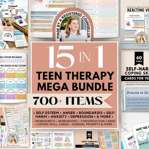 May include: A 15-in-1 teen therapy mega bundle featuring over 700 items including self-esteem workbooks, self-harm coping skill cards, conversation cards, and journal prompts. The collection includes worksheets on anger, boundaries, anxiety, and depression.