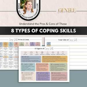 May include: A set of three educational printables titled 8 Types of Coping Skills. The documents feature a pros and cons chart, a list of coping skills with descriptions for self-care, social, cognitive, behavioral, grounding, emotional, spiritual, and distraction categories, and a blank list template.