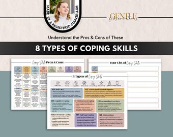 May include: A set of three educational printables titled 8 Types of Coping Skills. The documents feature a pros and cons chart, a list of coping skills with descriptions for self-care, social, cognitive, behavioral, grounding, emotional, spiritual, and distraction categories, and a blank list template.